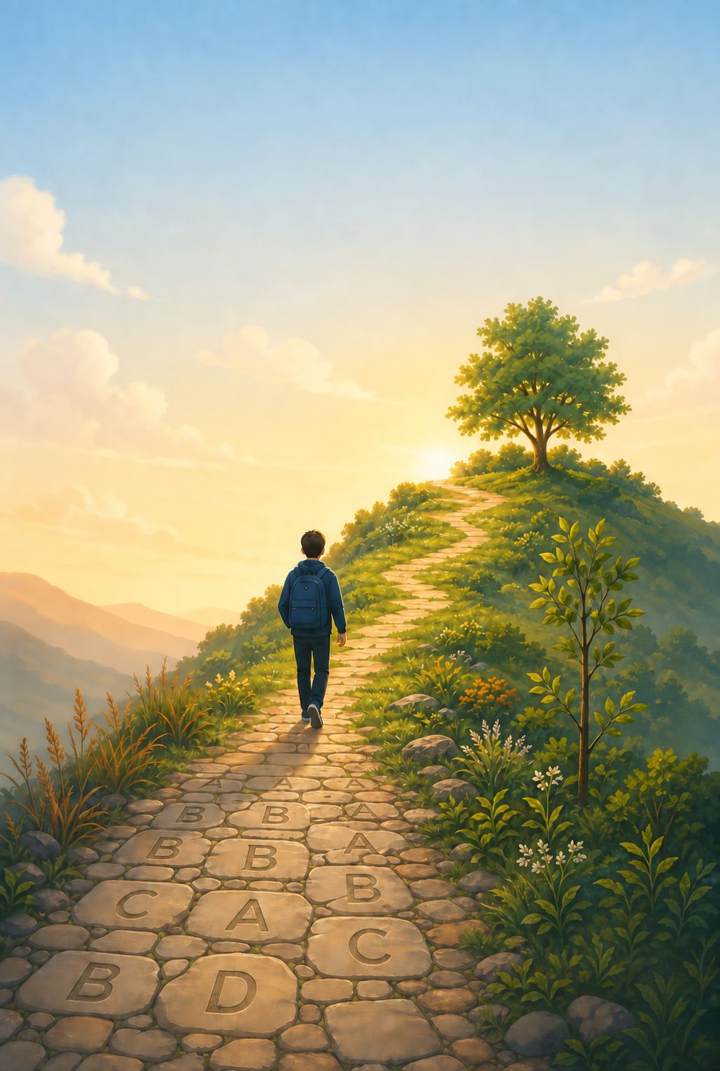 A student walking along a sunlit learning path toward a growing tree